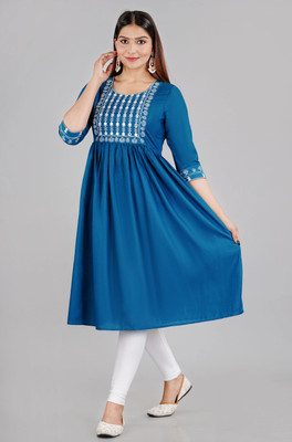 GULJAR FASHION Women Embroidered Flared Kurta(Blue, White)