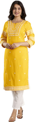 MF HAYAT Women Embroidered Straight Kurta(Yellow)