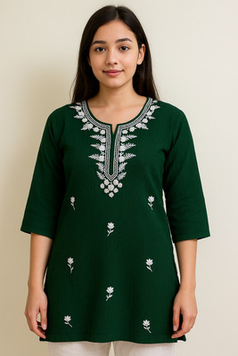 regular fit Women Embroidered A-line Kurta(Green)