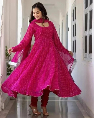 SP FASHION Women Bandhani Anarkali Kurta(Pink)
