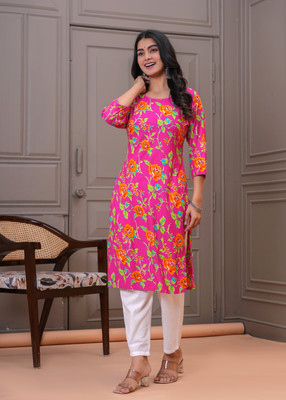 VRVastra Women Floral Print Straight Kurta(Pink)