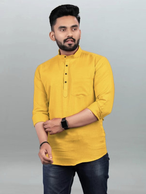 S KUADA Men Solid Straight Kurta(Yellow)