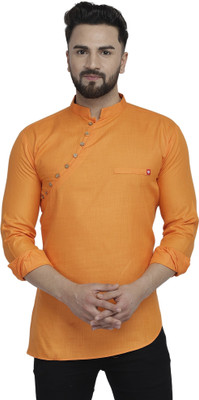 B BEN Men Solid Asymmetric Kurta(Yellow)