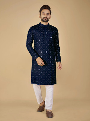 MENSKURTA Men Embellished A-line Kurta(Dark Blue)