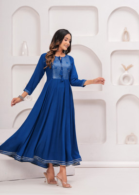 saloni creation Women Self Design Anarkali Kurta(Blue)