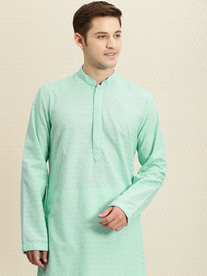 House of Pataudi Men Embroidered Straight Kurta(Light Blue)