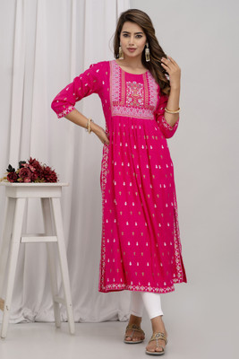 Jouglowriyaa Women Printed A-line Kurta(Pink)