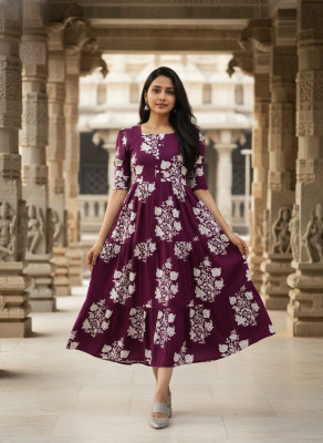 AURIPRX FASHION Women Printed Flared Kurta(Purple)