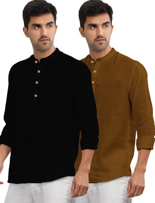 UNIFAV Men Solid Straight Kurta(Dark Green, Black)