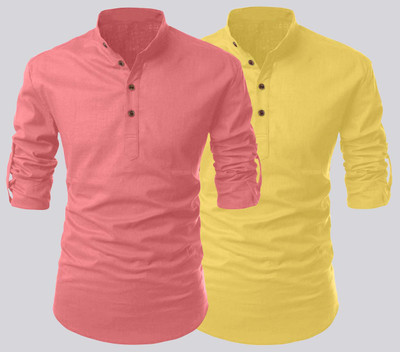 ROYAL SCOUT Men Solid Straight Kurta(Pink, Yellow)