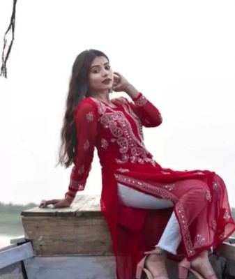 Jagven Fab Women Embroidered, Chikan Embroidery, Embellished Straight Kurta(Black)