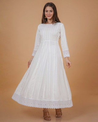 Annsh Apparel Women Printed Anarkali Kurta(White)