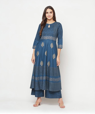 Aniyah Women Block Print Anarkali Kurta(Blue)