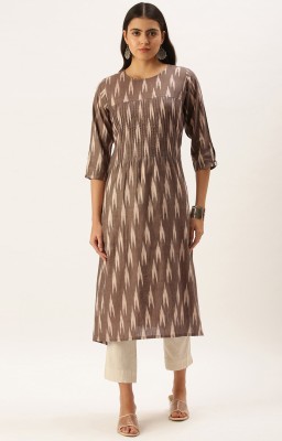 Saanjh Women Printed, Embellished, Ikat A-line Kurta(Brown, Beige)