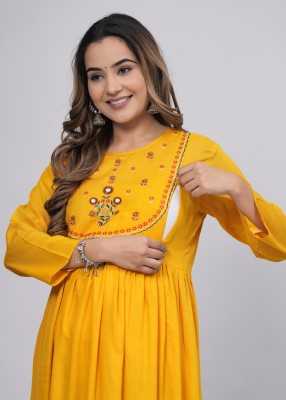 CREATIONESH Women Embroidered Flared Kurta(Yellow)