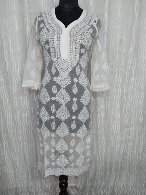 The Chikankari Story Women Chikan Embroidery Straight Kurta(White)