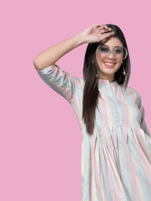Houseofcommonv Women Striped A-line Kurta(White)