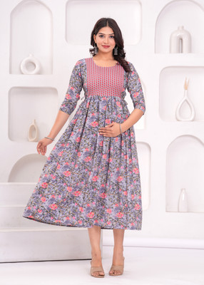 UR7 Women Floral Print Anarkali Kurta(Grey)