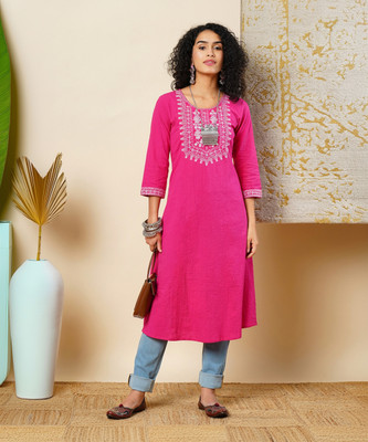 Globus Women Printed A-line Kurta(Pink)
