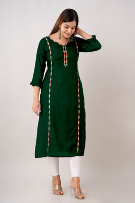 Udati Kaliya Women Geometric Print Straight Kurta(Dark Green)