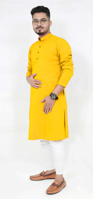 Rainbow Cloths Men Solid Straight Kurta(Yellow)
