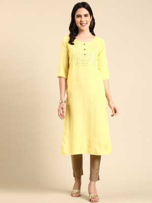 Showoff Women Embellished Straight Kurta(Yellow)