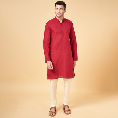 Indus Route by Pantaloons Men Solid A-line Kurta(Red)