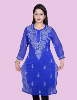 KKHASHER Women Embroidered Straight Kurta(Blue)