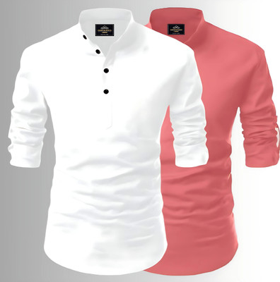 Fashion Marts Men Solid Straight Kurta(White, Pink)