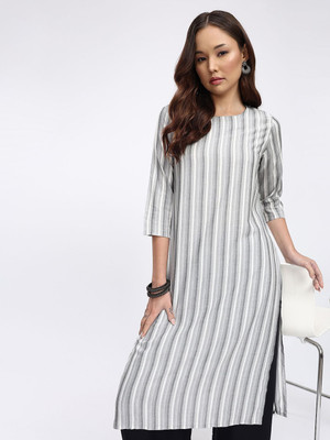 Anouk Rustic Women Striped Straight Kurta(Grey, White)
