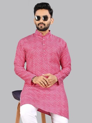 Svatantra Men Printed Straight Kurta(Pink)