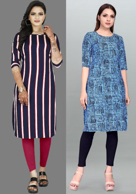 Hiral Creation Women Striped, Printed A-line Kurta(Blue, Purple)