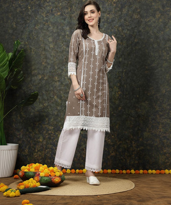 PLUSS Women Printed A-line Kurta(Brown, White)