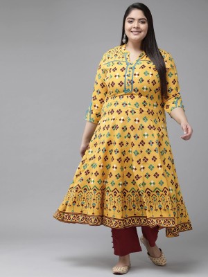 AKIKO Women Floral Print Anarkali Kurta(Yellow)