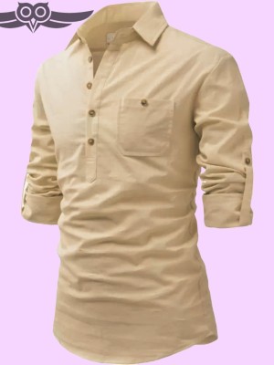 Life Roads Men Solid Pathani Kurta(Beige)