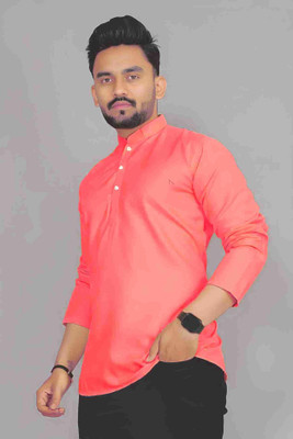Madhav Mishri Men Solid Straight Kurta(Pink)