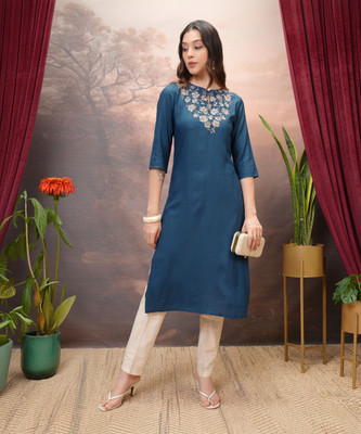 Vishudh Women Embroidered Straight Kurta(Blue)