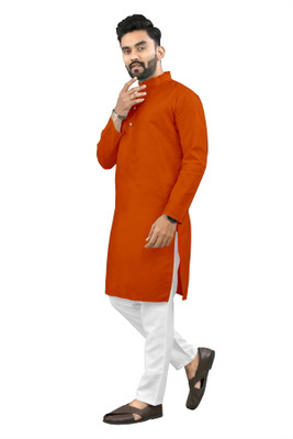 Shree Dutt Creation Men Solid Straight Kurta(Orange)