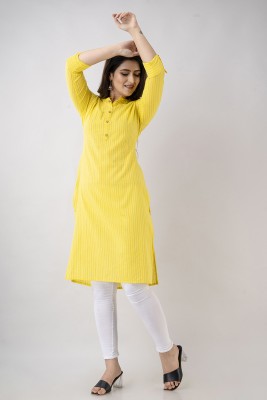 Western Cotton Women Striped Straight Kurta(Yellow)