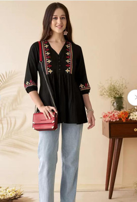 Emica Women Embroidered Flared Kurta(Black)
