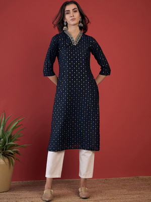 ANOUK Women Floral Print A-line Kurta(Blue)