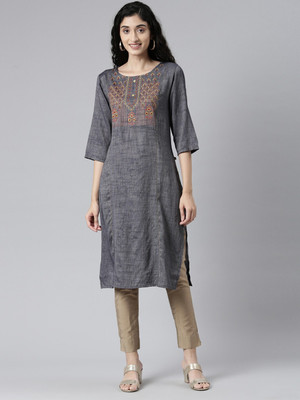 SAMHITAS Women Embroidered Straight Kurta(Grey)