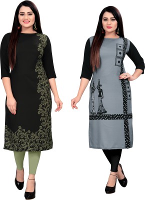 maruti fab Women Floral Print, Colorblock A-line Kurta(Black, Grey)