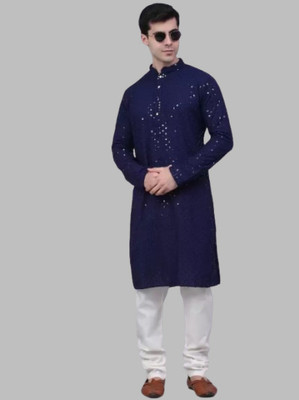 Shree Dutt Creation Men Embellished Straight Kurta(Dark Blue)