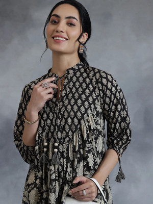 LIBAS Women Printed A-line Kurta(Black)