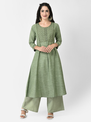 Span Women Self Design A-line Kurta(Light Green)