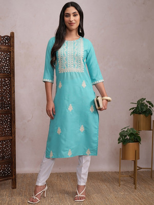 Vishudh Women Solid Straight Kurta(Light Blue)