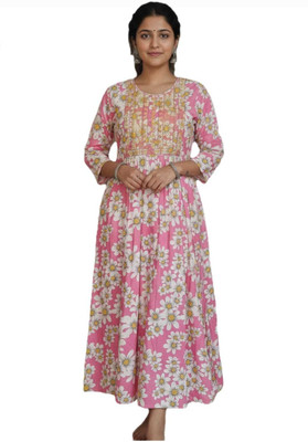 ALPINE STYLE Women Floral Print Anarkali Kurta(Pink)