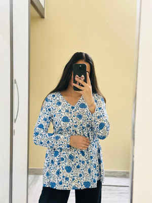 Muskan Collection Women Printed Flared Kurta(White, Blue)