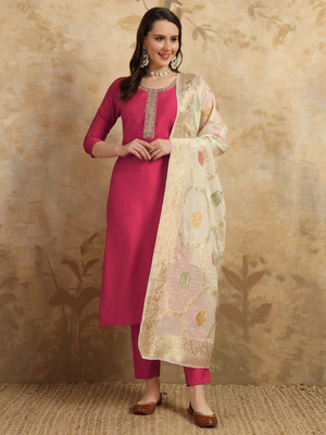 SHEWIN Women Embroidered Straight Kurta(Pink)